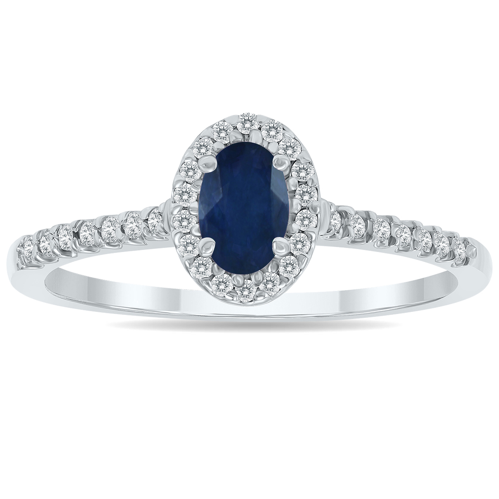 Sapphire and Diamond Halo Ring in 10K White Gold